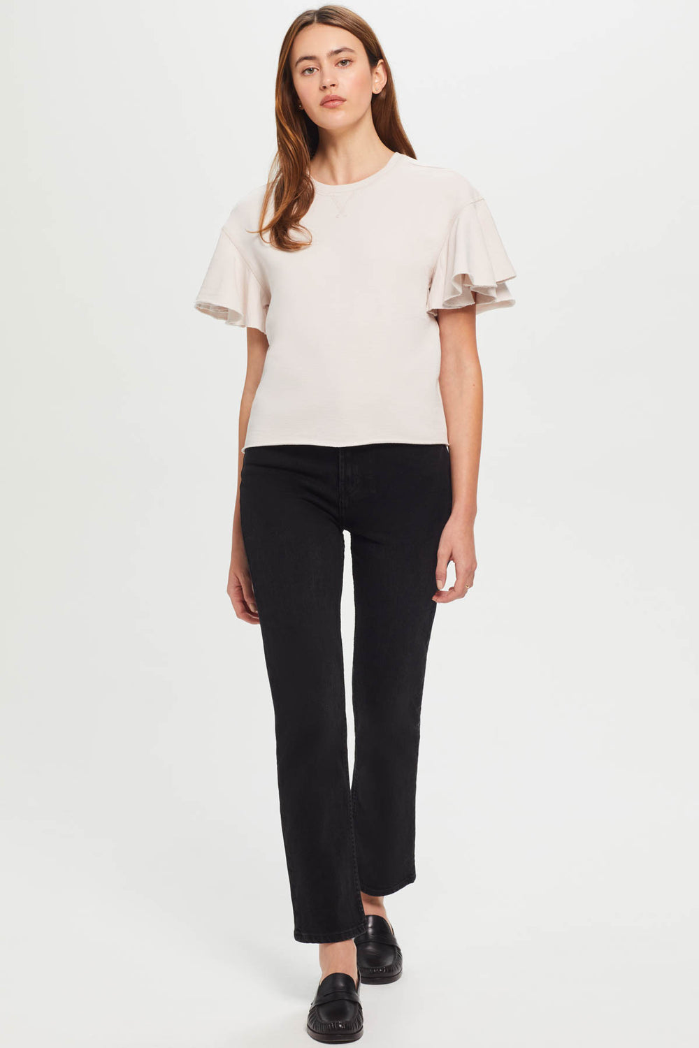 GOLDIE MELROSE RUFFLE SLEEVE TOP - WHITE SAND