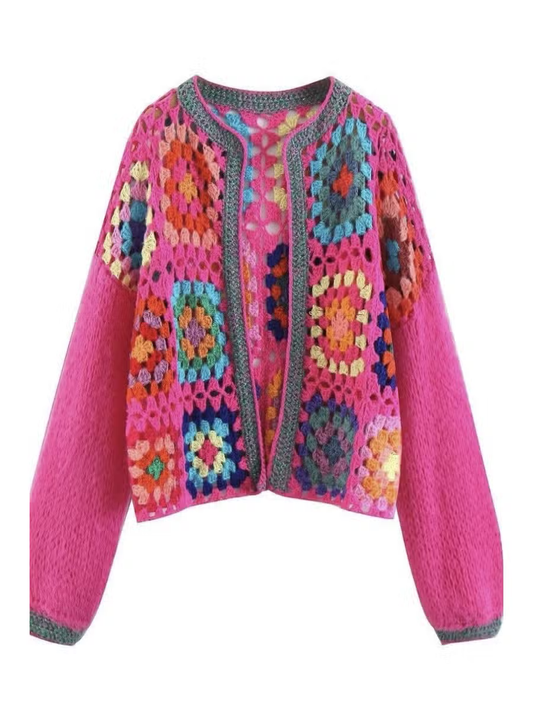 Crochet Cropped Cardigan-pink