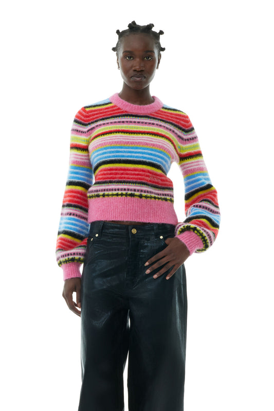 Ganni Striped Soft Wool O-Neck Sweater
