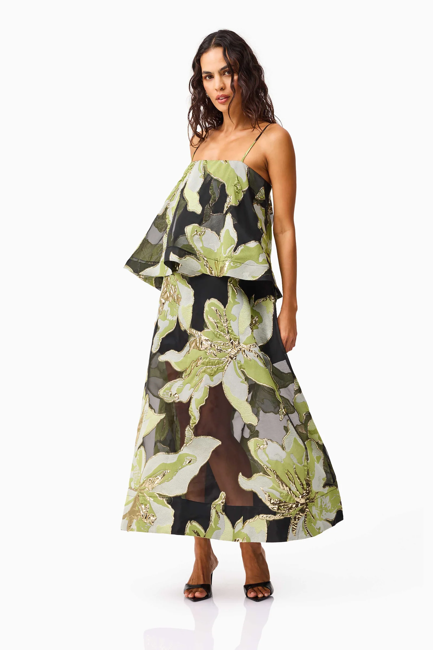 Elliatt Elysia Tiered Gown in Black & Green Floral