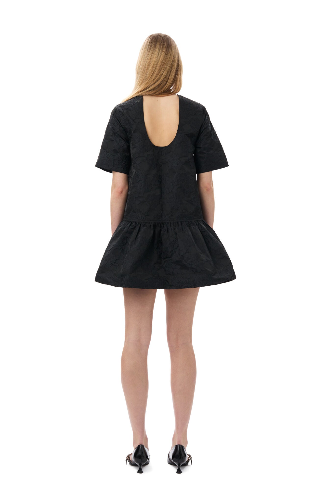 Ganni BLACK BOTANICAL JACQUARD OPEN-BACK MINI DRESS