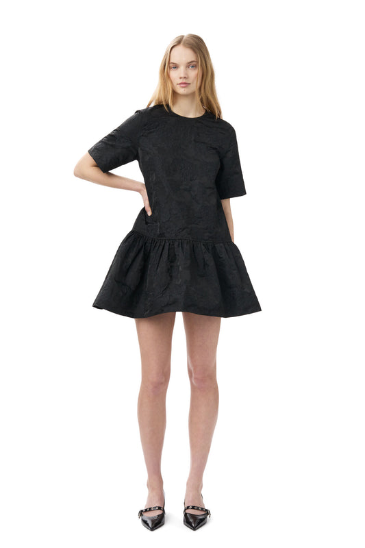 Ganni BLACK BOTANICAL JACQUARD OPEN-BACK MINI DRESS