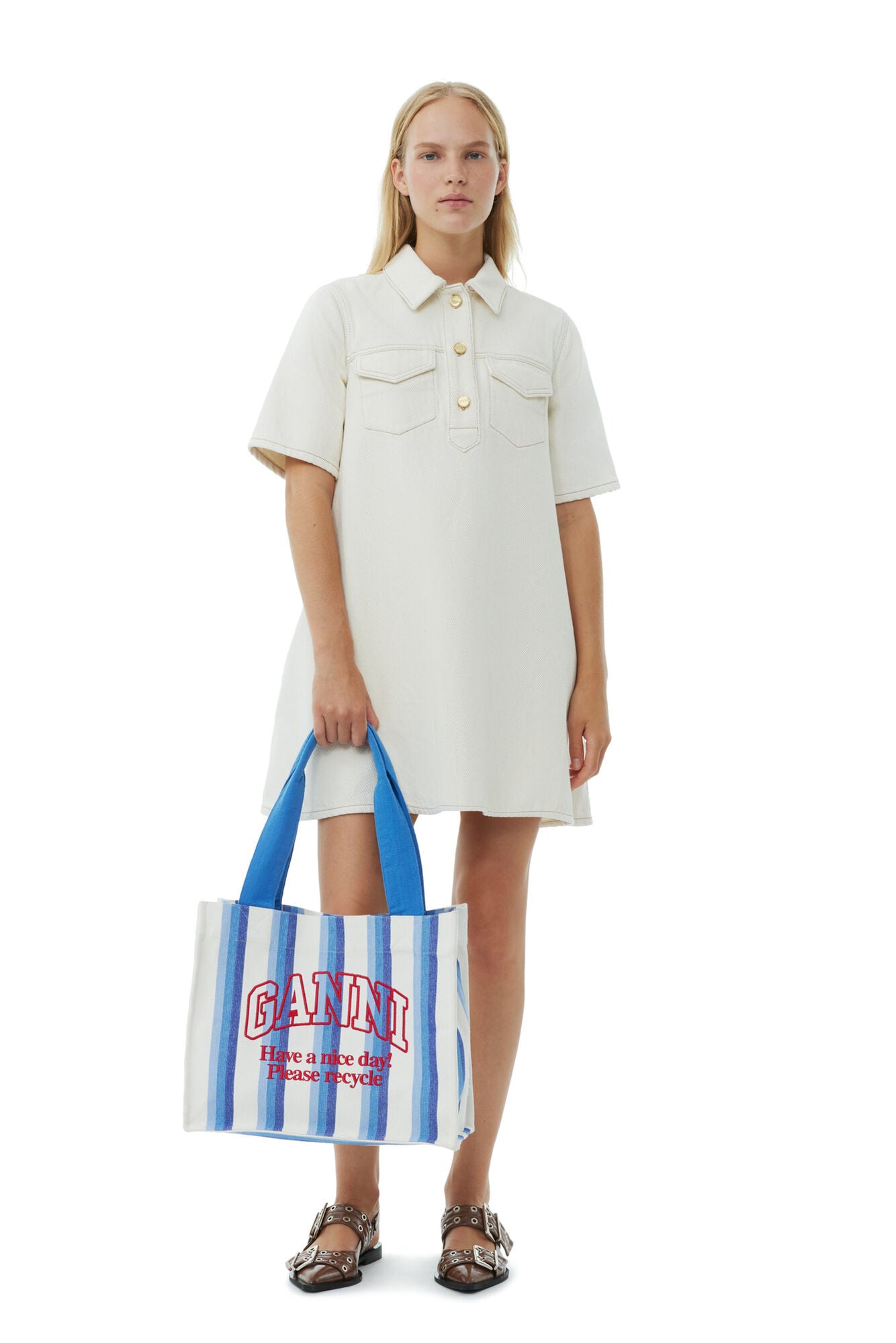 Ganni BLUE LARGE STRIPED CANVAS TOTE BAG