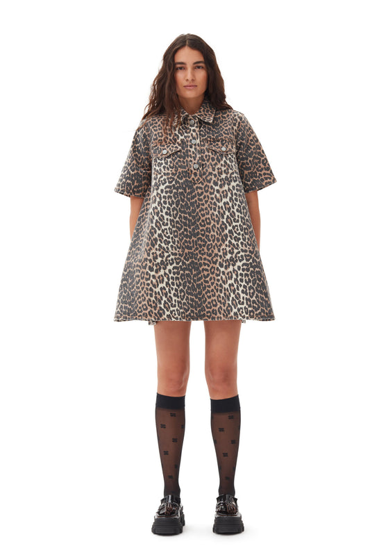 Ganni Leopard Printed Denim Mini Dress