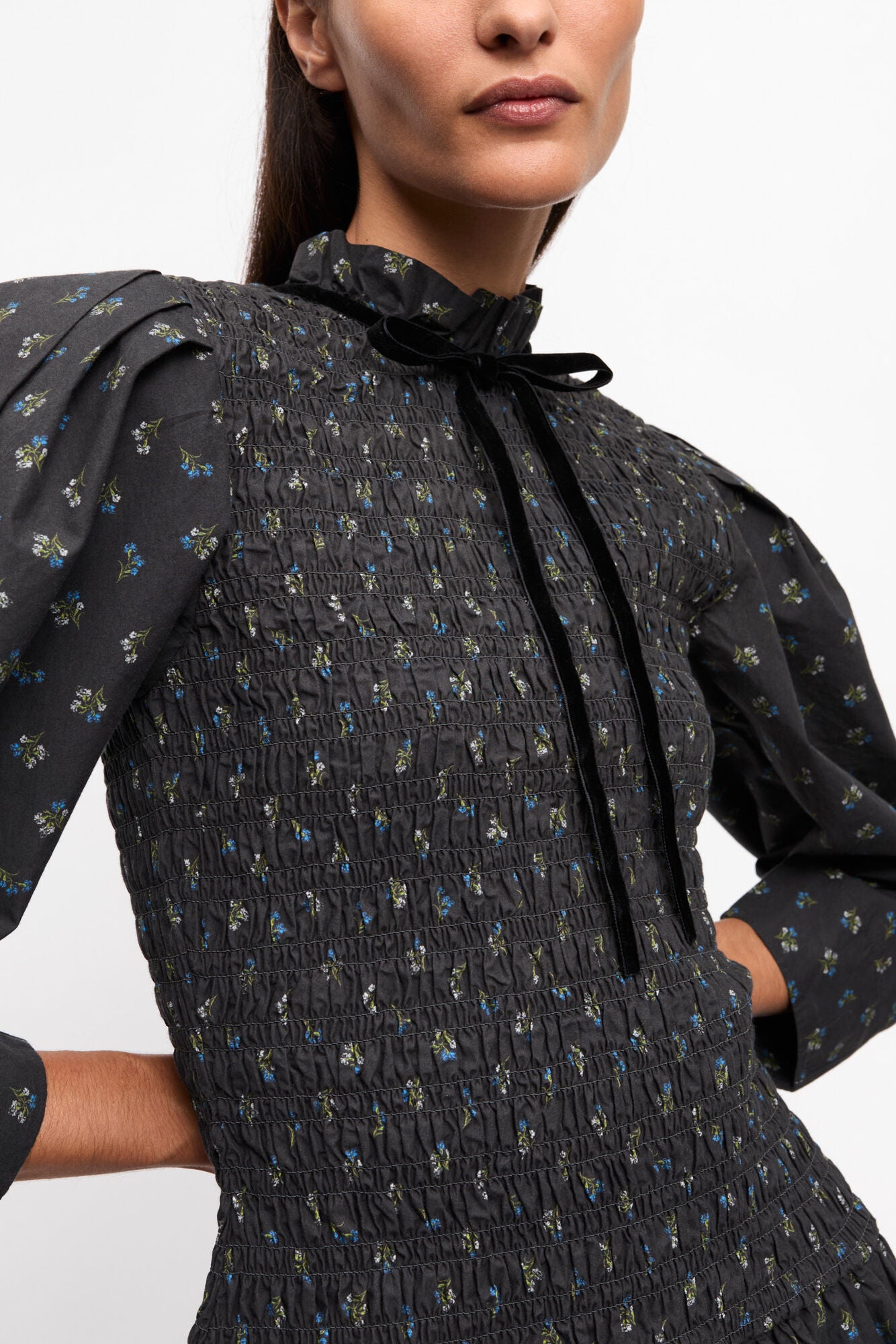 Ganni BLACK PRINTED MINI SMOCK DRESS