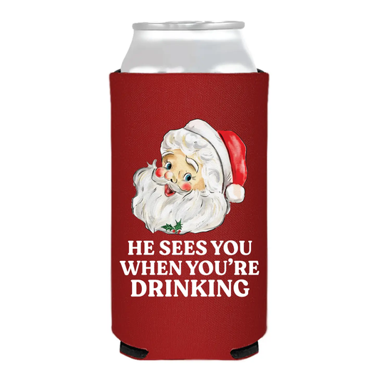 He Sees You When You're Drinking Slim Can Cooler- Christmas