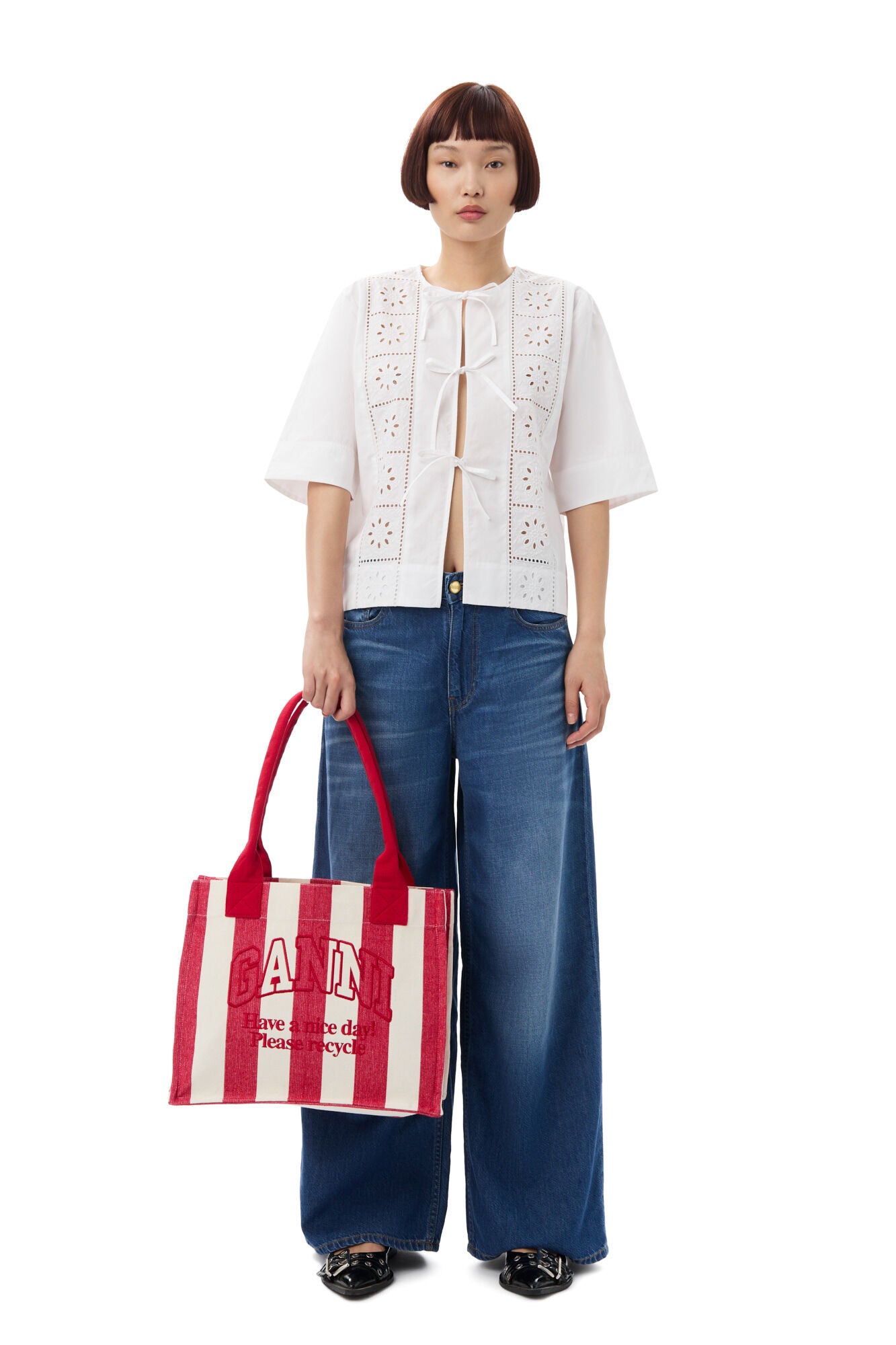 Ganni RED STRIPED EASY SHOPPER LARGE