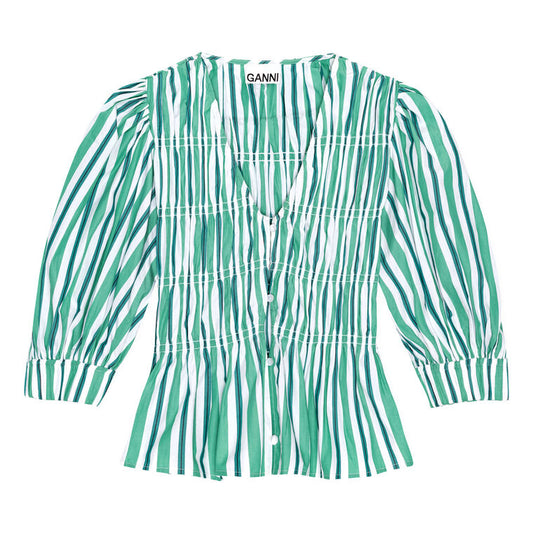 Ganni Stripe Cotton V-Neck Fitted Blousse