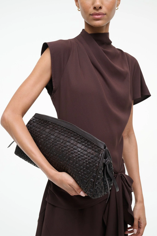 STAUD Maude Clutch Espresso Woven Leather