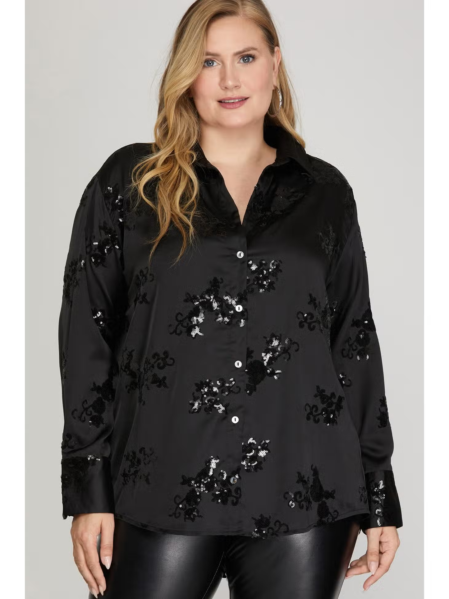SEQUIN EMBELLISHED BUTTON DOWN TOP - BLACK