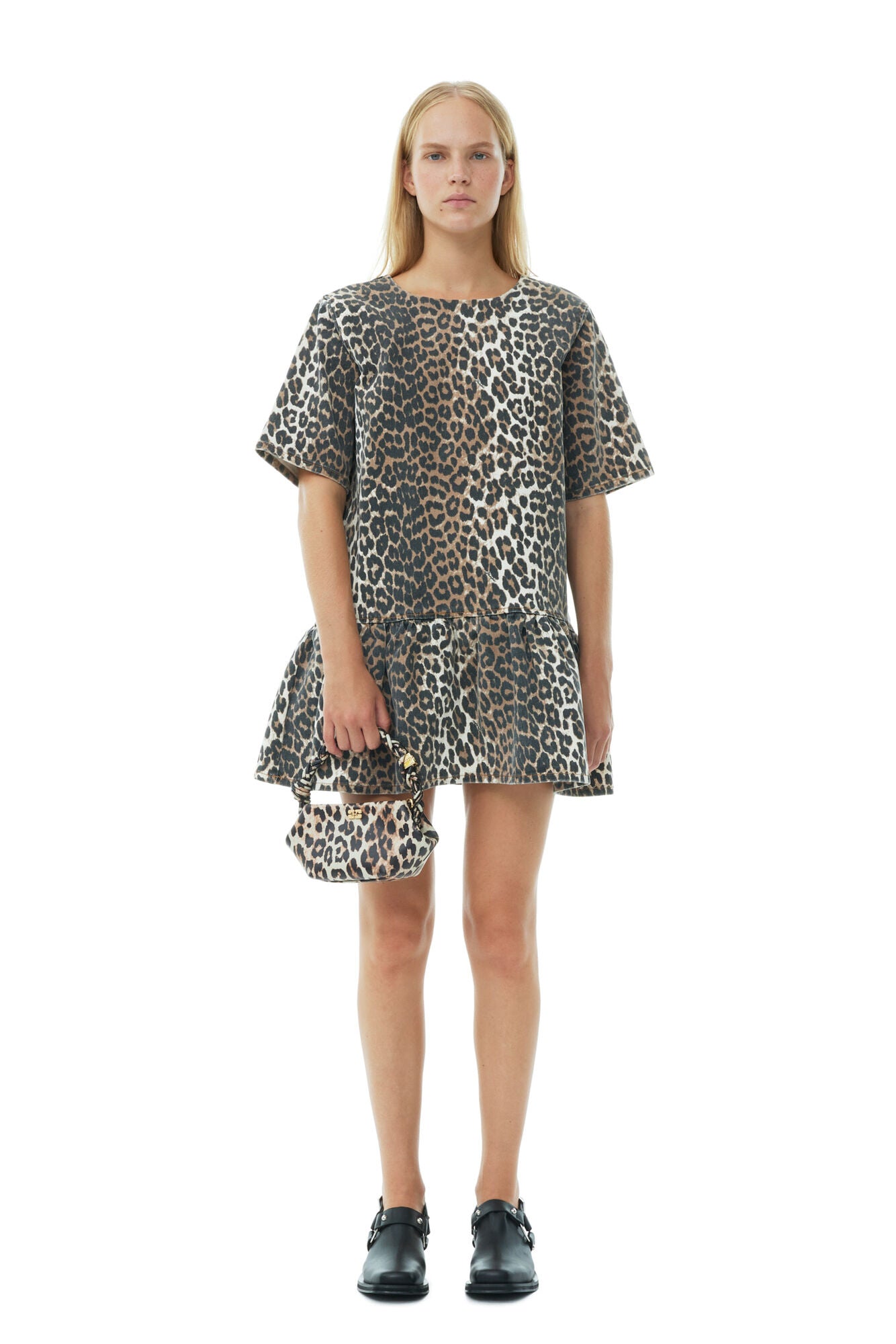 Ganni LEOPARD OPEN-BACK MINI DENIM DRESS