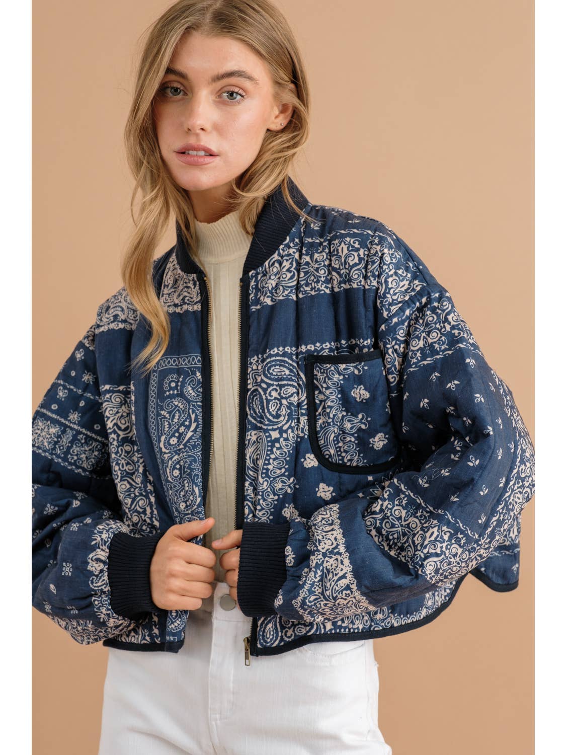 Paisley Quilted Binding Finish Zip Up Crop Jacket