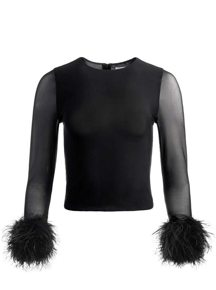 Alice & Olivia Delaina Feather Cuff Sleeve Top