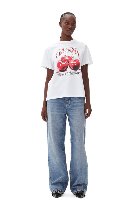 Ganni WHITE BASIC JERSEY CHERRY RELAXED T-SHIRT