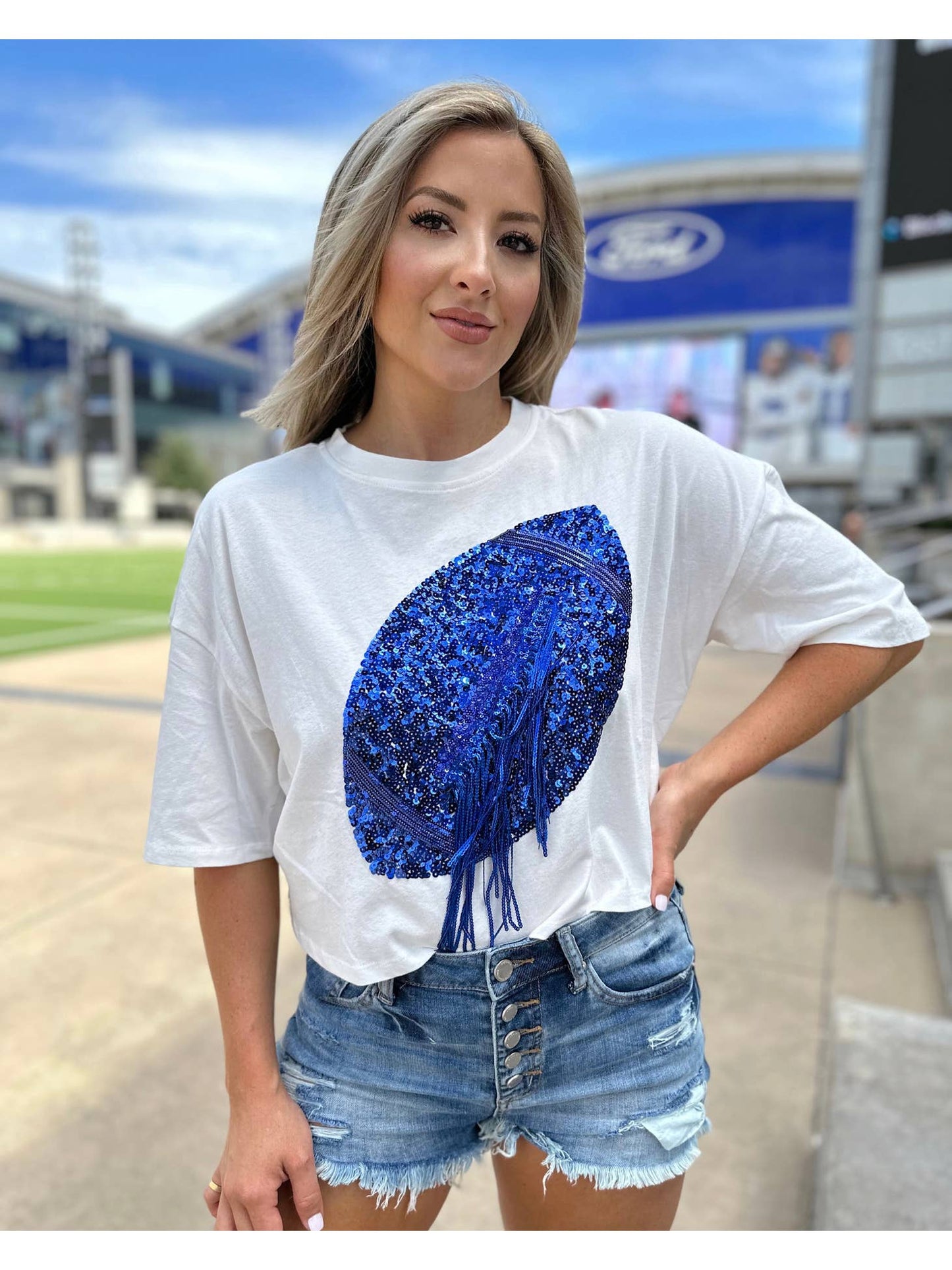 Blue/White Embellished Sequin Football Fringe Tee