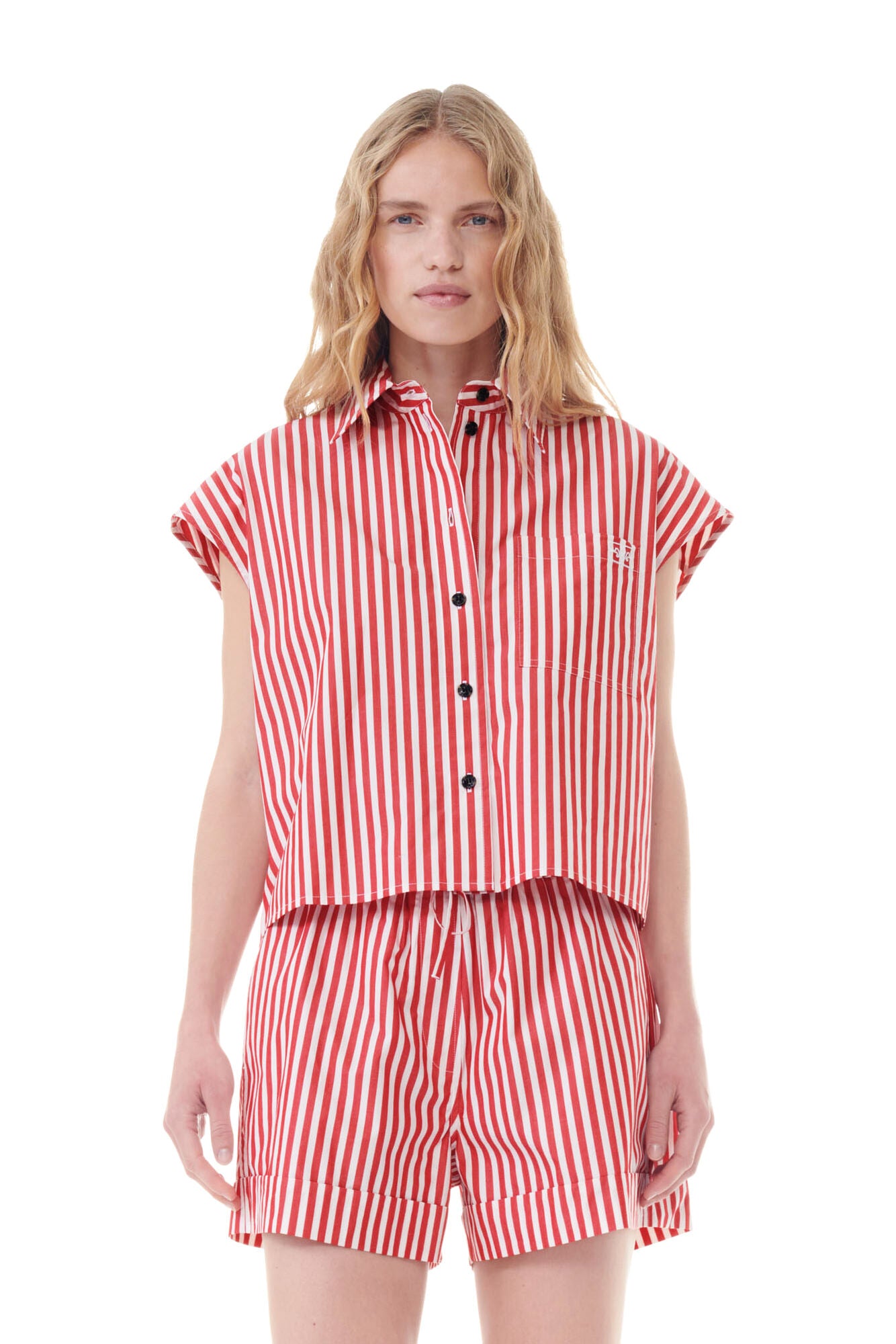 Ganni RED STRIPE COTTON TIE COLLAR SHIRT
