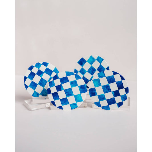Blue Checkered Reusable Chipboard Coasters - Set of Four
