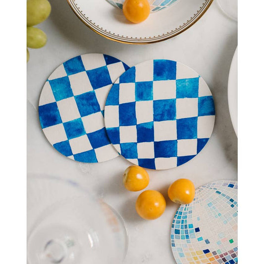 Blue Checkered Reusable Chipboard Coasters - Set of Four