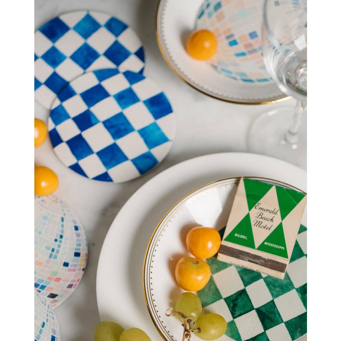 Blue Checkered Reusable Chipboard Coasters - Set of Four