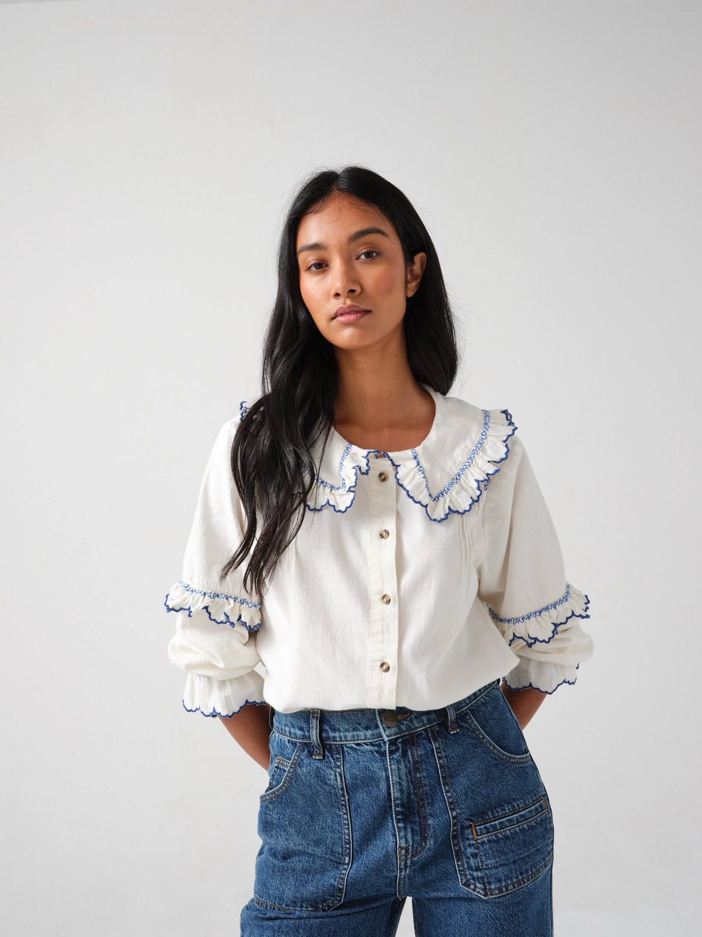 Seventy + Mochi Phoebe Blouse in Ecru and Electric Blue Embroidery