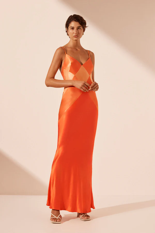 Shona Joy Mia Contrast Spliced Maxi Dress - Red Orange / Hibiscus