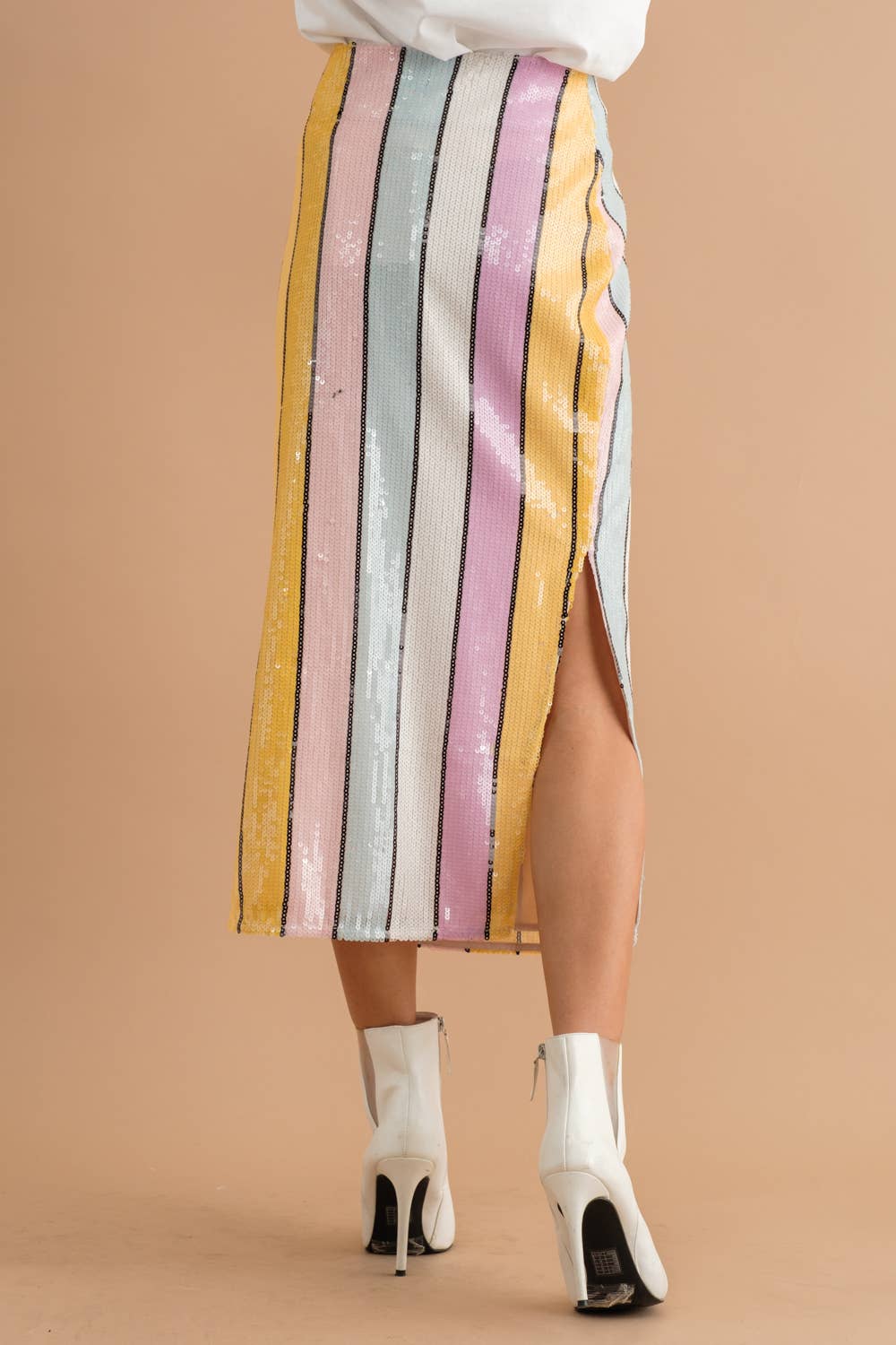 Multi Stripe Sequin Side Slit Midi Pencil Skirt