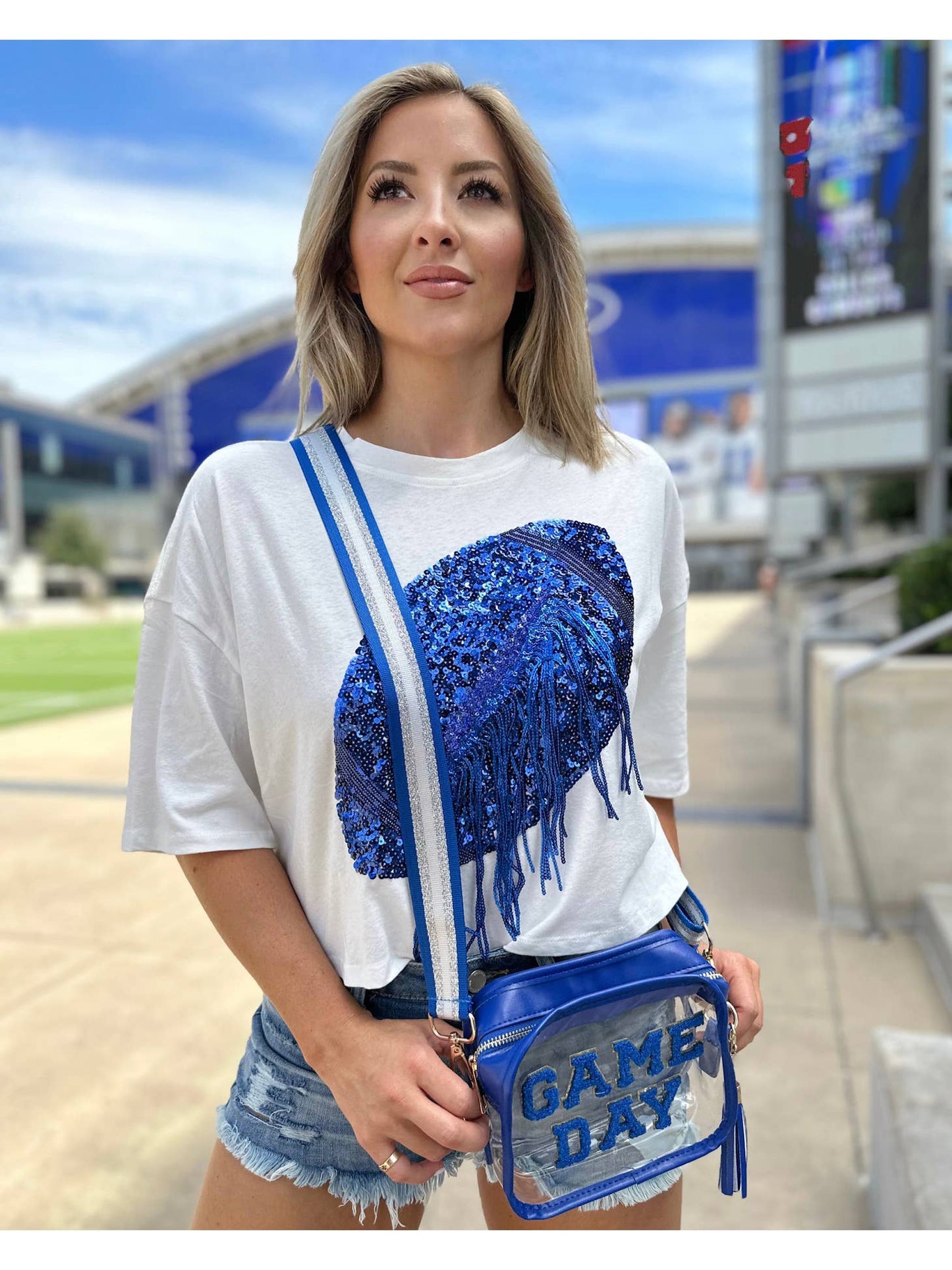 Blue/White Embellished Sequin Football Fringe Tee