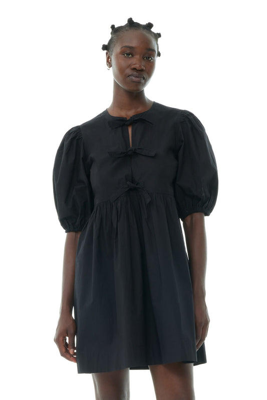 Ganni BLACK COTTON POPLIN TIE STRING MINI DRESS