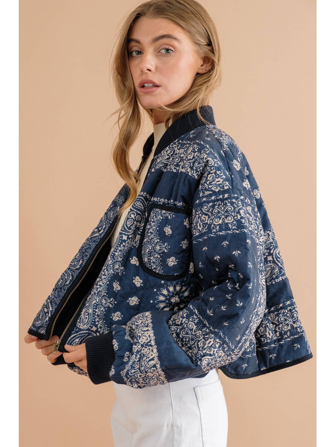 Paisley Quilted Binding Finish Zip Up Crop Jacket