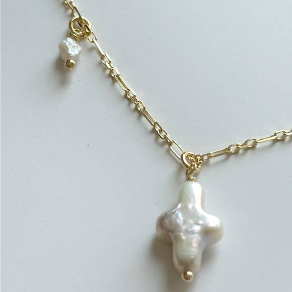 Hazey Pearl Cross Necklace