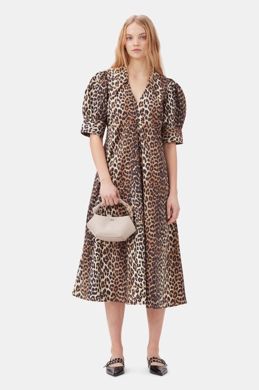 LEOPARD COTTON POPLIN V-NECK MAXI DRESS