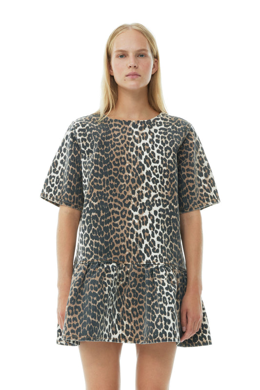 Ganni LEOPARD OPEN-BACK MINI DENIM DRESS