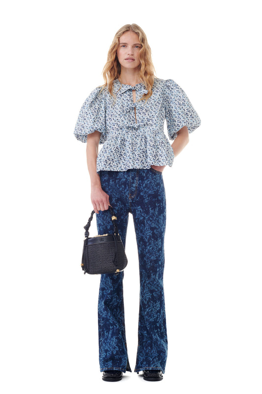 Ganni FLORAL PRINTED COTTON POPLIN PEPLUM BLOUSE