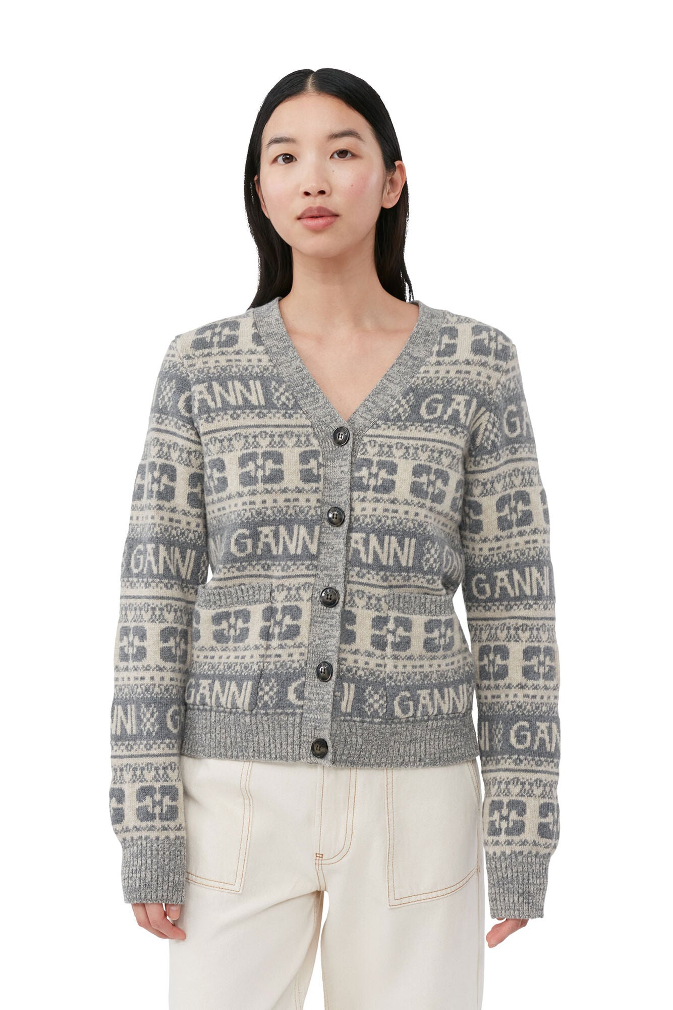 Ganni Grey Logo Wool Mix Cardigan
