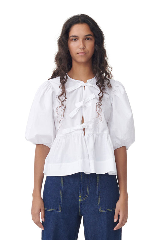 Ganni Cotton Poplin Peplum Tie Blouse