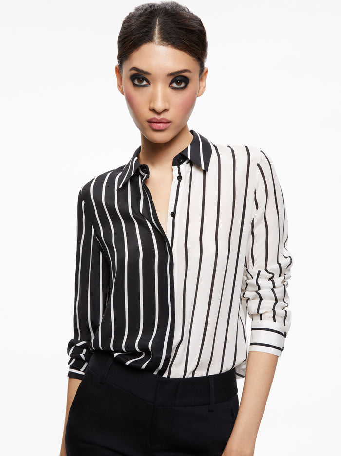 Alice & Olivia Willa Placket Top - Palazzo Stripe