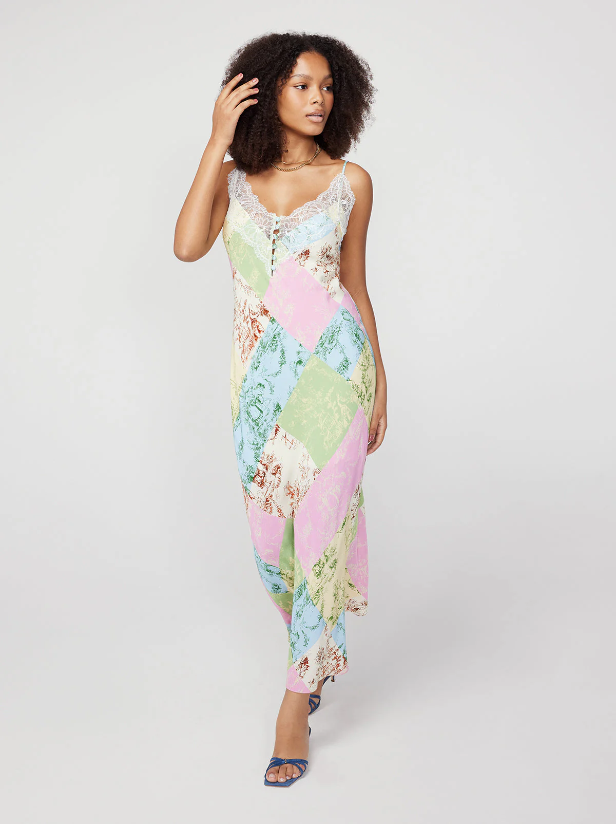 Kitri Daphne Patched Toile De Jouy Maxi Slip Dress
