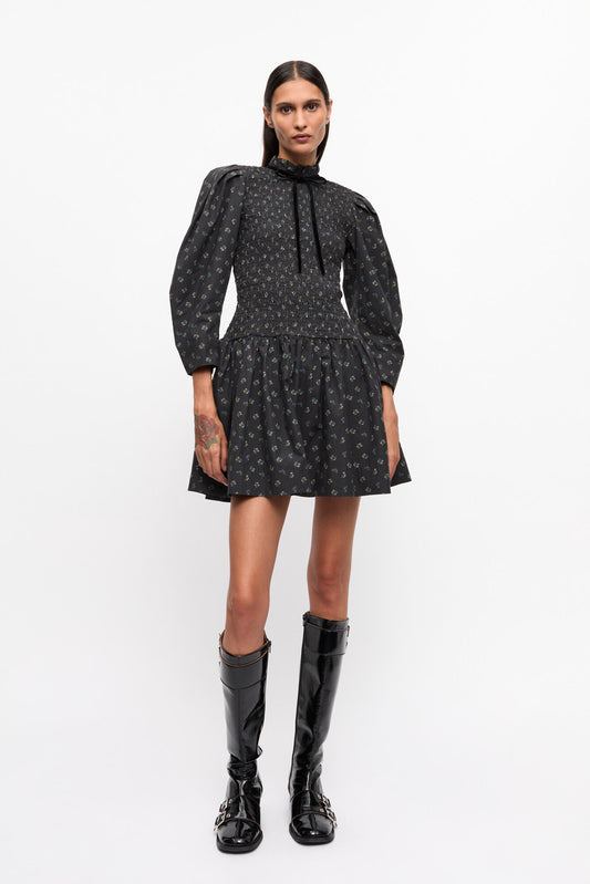 Ganni BLACK PRINTED MINI SMOCK DRESS