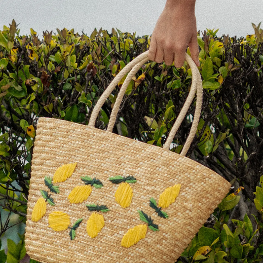 Tropical Lemon Embroidered Straw Beach Tote