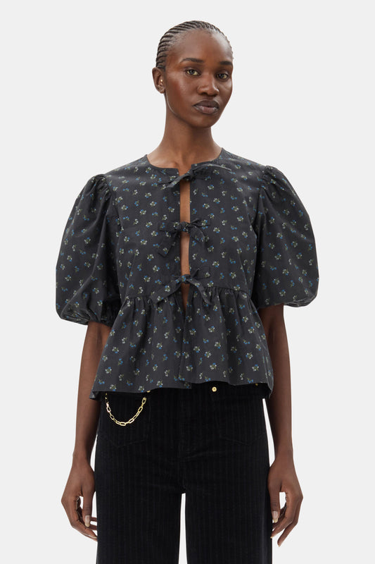Ganni Printed Cotton Peplum Blouse