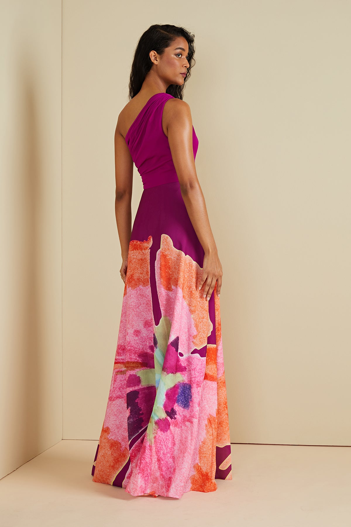 AMur Atlas One Shoulder Gown - Sangria Flower
