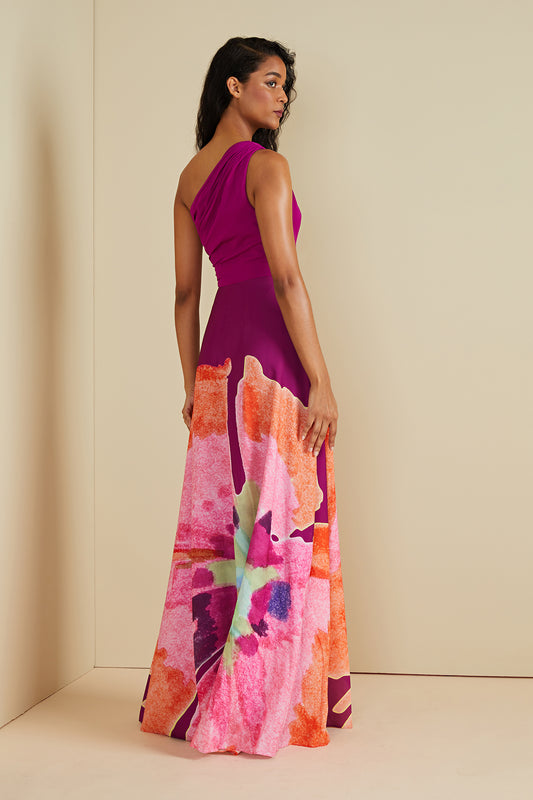 AMur Atlas One Shoulder Gown - Sangria Flower