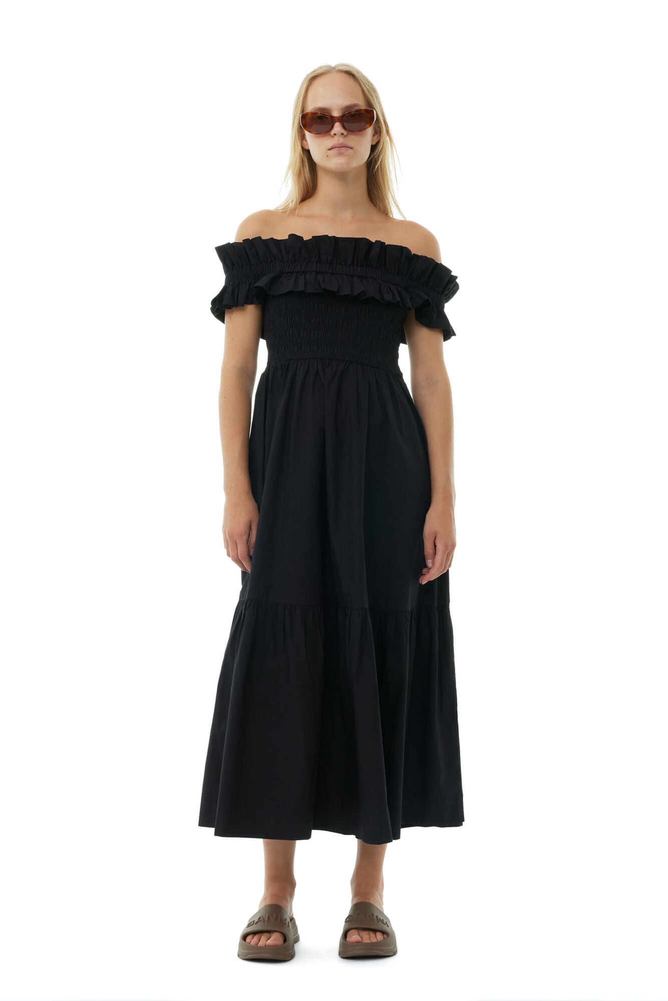 Ganni Black Cotton Poplin Long Smock Dress