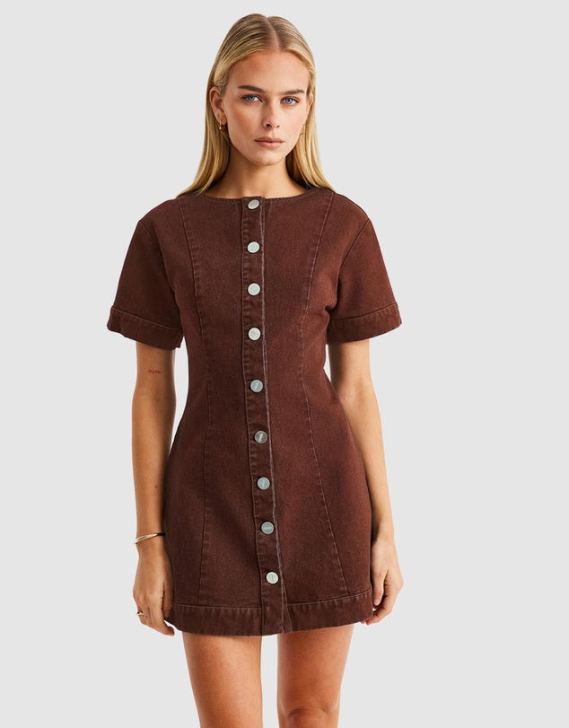 SNDYS Tilla Denim Mini Dress - Chocolate