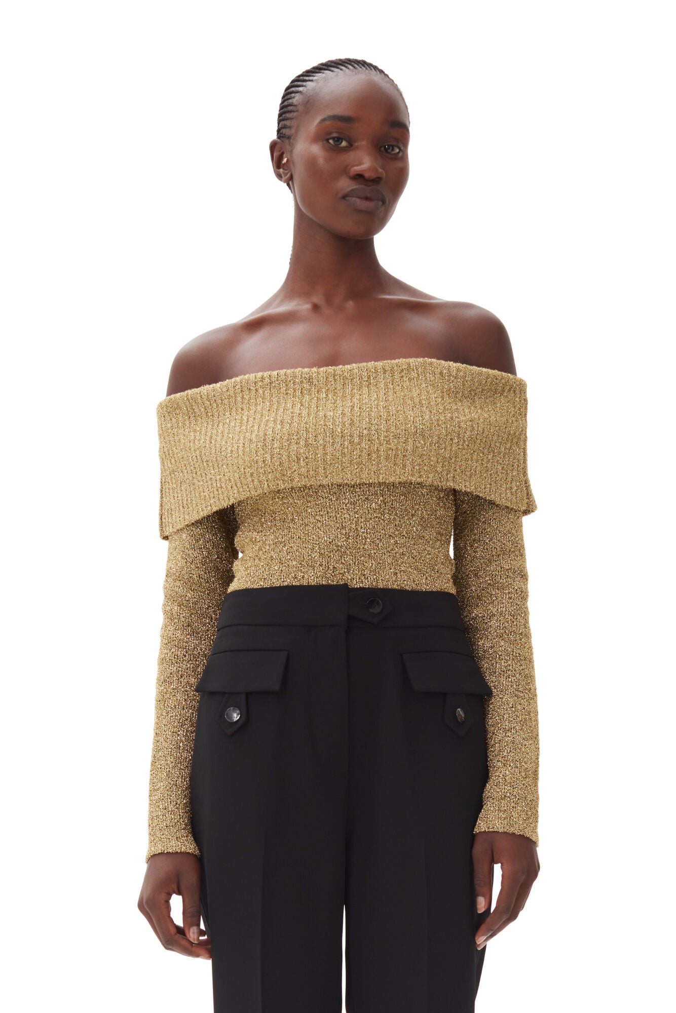 Ganni GOLD SPARKLE OFF-THE-SHOULDER BLOUSE