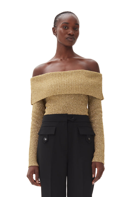 Ganni GOLD SPARKLE OFF-THE-SHOULDER BLOUSE