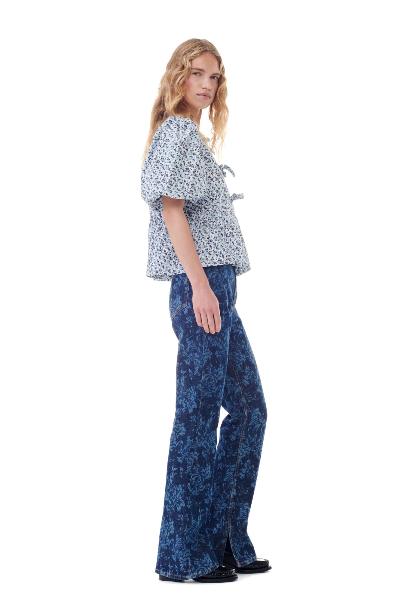 Ganni FLORAL PRINTED COTTON POPLIN PEPLUM BLOUSE