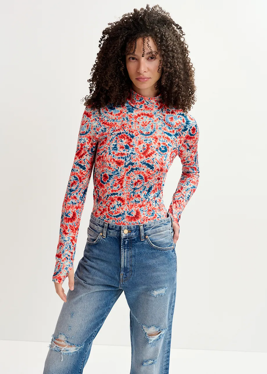 Essentiel Antwerp Red and blue tie-dye printed turtleneck top