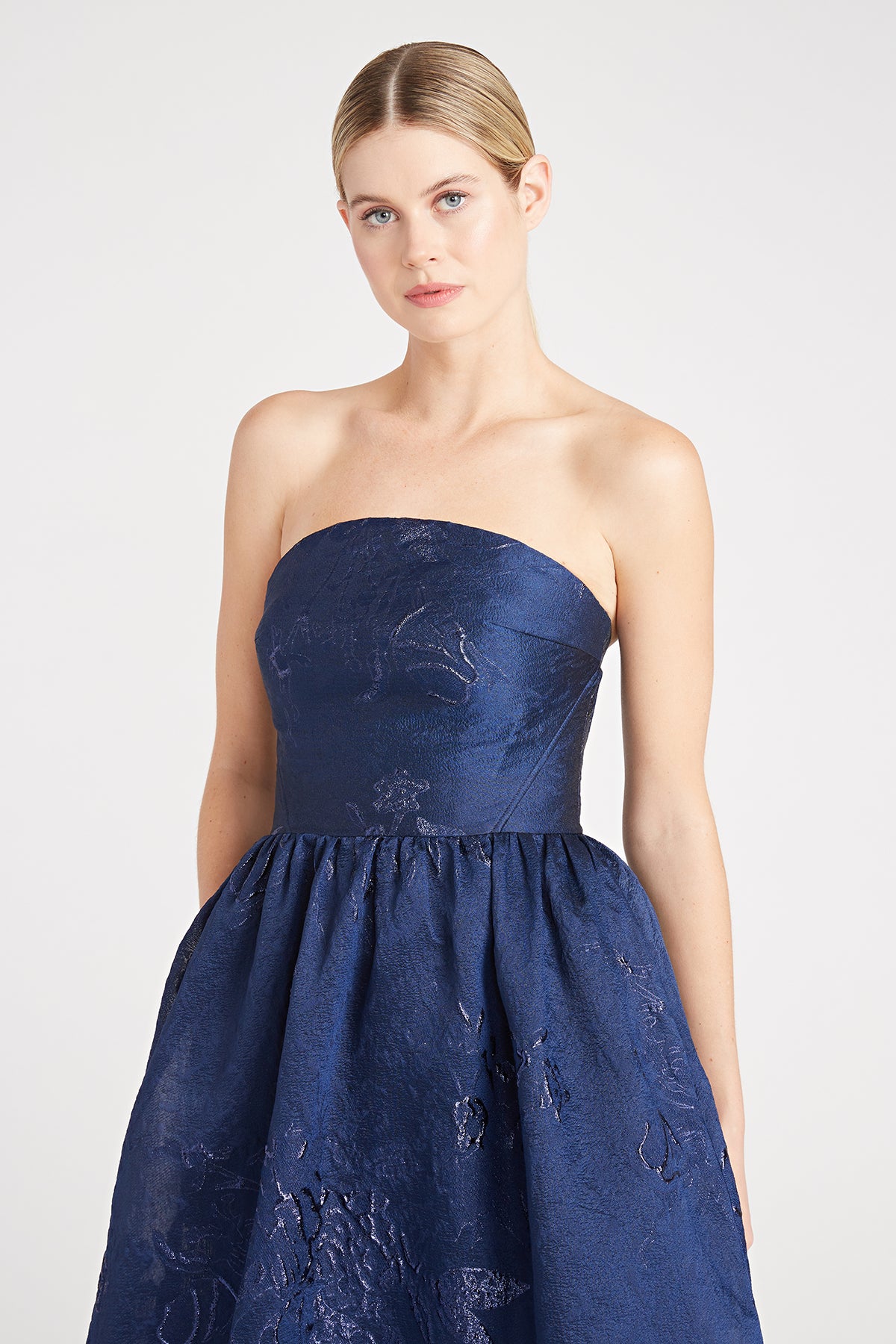 Monique Lhuillier Strapless Jacquard Long Dress