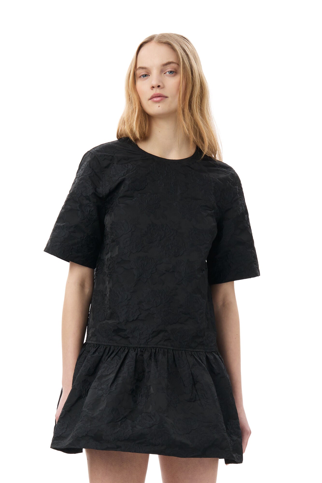 Ganni BLACK BOTANICAL JACQUARD OPEN-BACK MINI DRESS